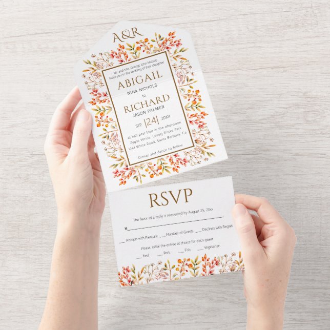Border of leaves and berries brown wedding all in one invitation (Tearaway)