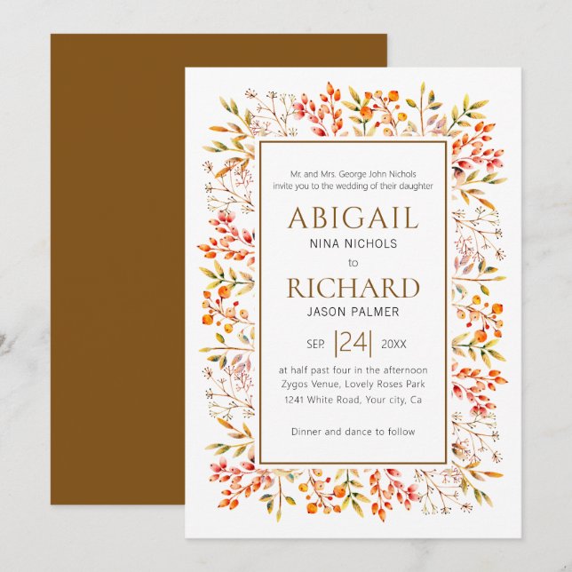 Border of leaves and berries brown wedding invitation (Front/Back)