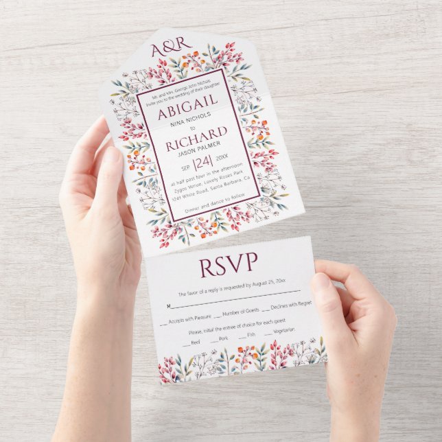 Border of leaves and berries burgundy wedding all in one invitation (Tearaway)