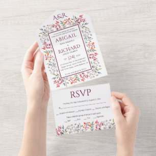Border of leaves and berries burgundy wedding all in one invitation
