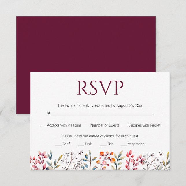 Border of leaves and berries burgundy wedding RSVP card (Front/Back)