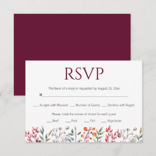 Border of leaves and berries burgundy wedding RSVP card