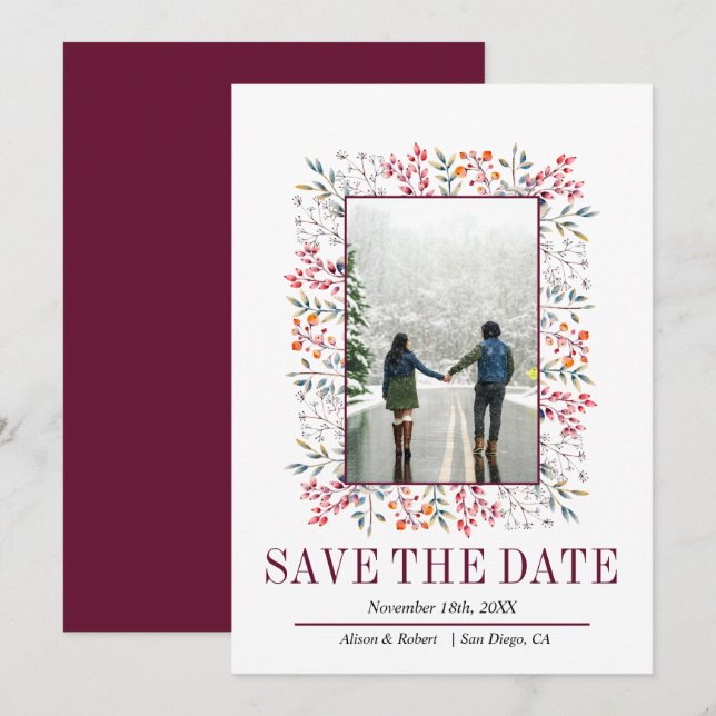 Border of leaves and berries burgundy wedding save the date (Front/Back)