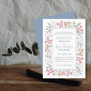 Border of leaves and berries dusty blue wedding invitation