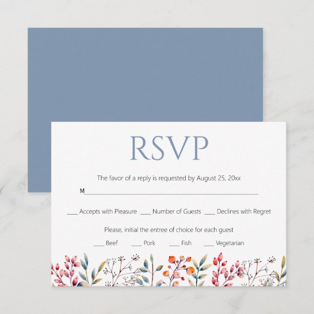 Border of leaves and berries dusty blue wedding RSVP card (Front/Back)