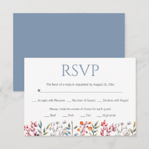 Border of leaves and berries dusty blue wedding RSVP card