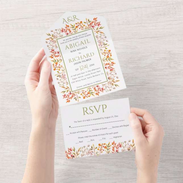 Border of leaves and berries olive green wedding all in one invitation (Tearaway)
