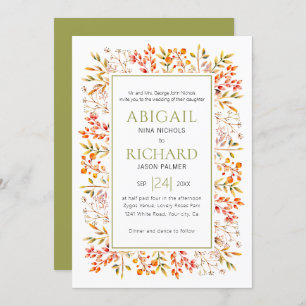 Border of leaves and berries olive green wedding invitation