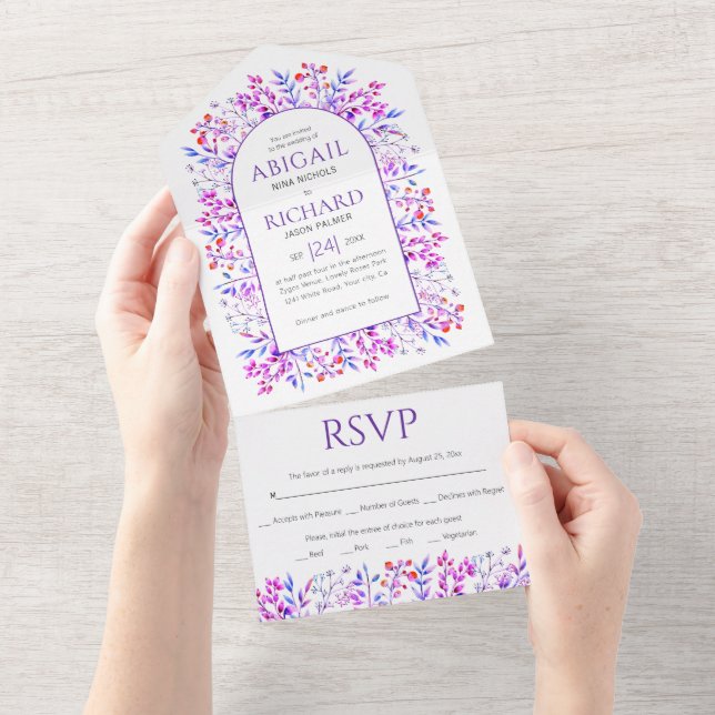 Border of leaves and berries purple wedding all in one invitation (Tearaway)
