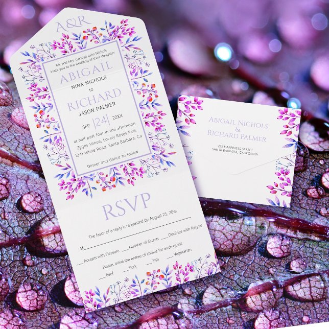 Border of leaves, berries lavender purple wedding all in one invitation (Creator Uploaded)