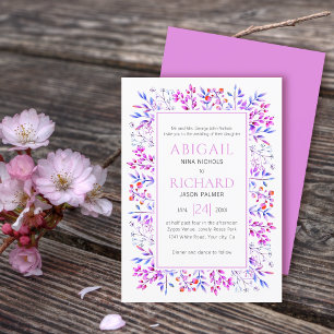 Border of leaves, berries pink purple wedding invitation