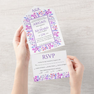 Border of leaves, berries violet purple wedding  all in one invitation