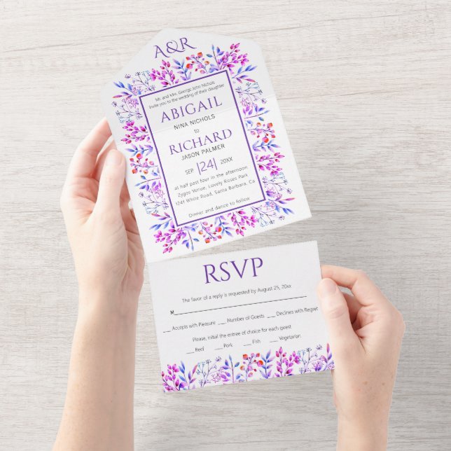 Border of leaves, berries violet purple wedding  all in one invitation (Tearaway)