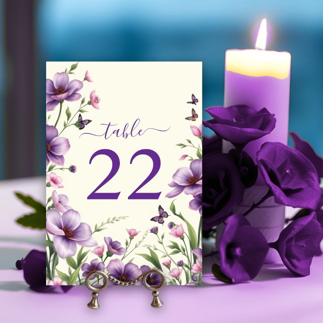 Border of purple flowers and butterflies wedding table number (Creator Uploaded)