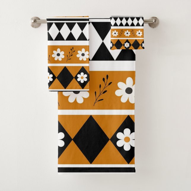 Border Stripe Flower Diamond Boho Floral Pattern Bath Towel Set (Insitu)
