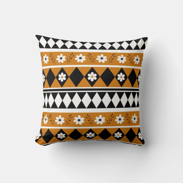 Border Stripe Flower Diamond Boho Floral Pattern Cushion (Front)