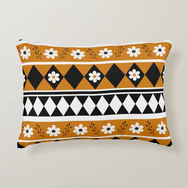 Border Stripe Flower Diamond Boho Floral Pattern Decorative Cushion (Front)