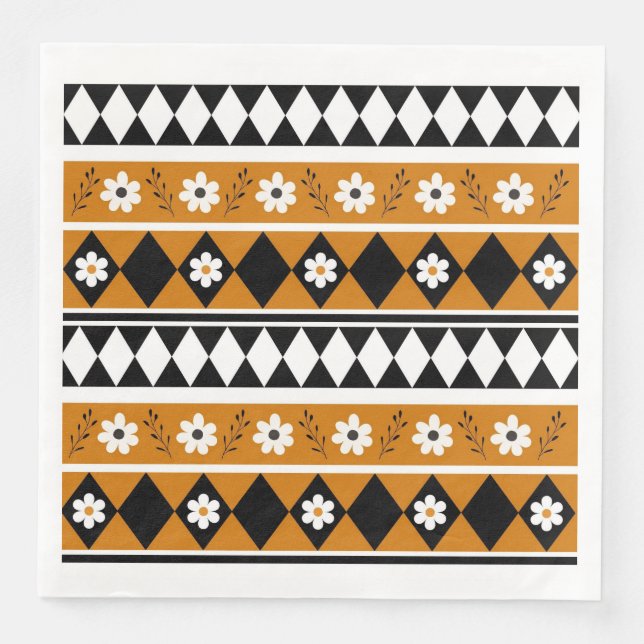 Border Stripe Flower Diamond Boho Floral Pattern Napkin (Front)
