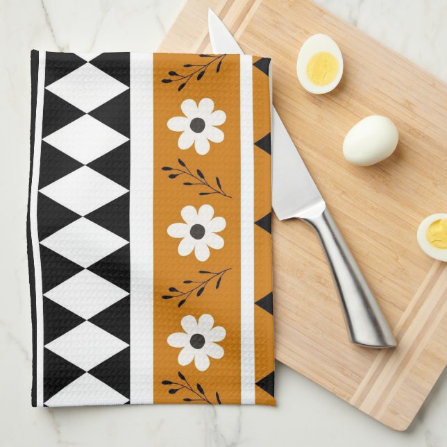 Border Stripe Flower Diamond Boho Floral Pattern Tea Towel (Quarter Fold)