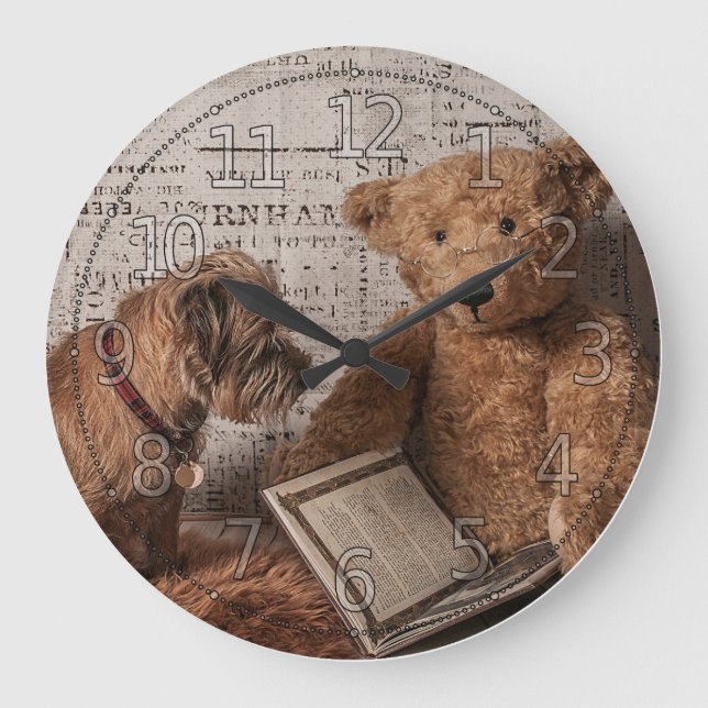 Border Terrier And Teddy Bear Reading, Clock (Front)