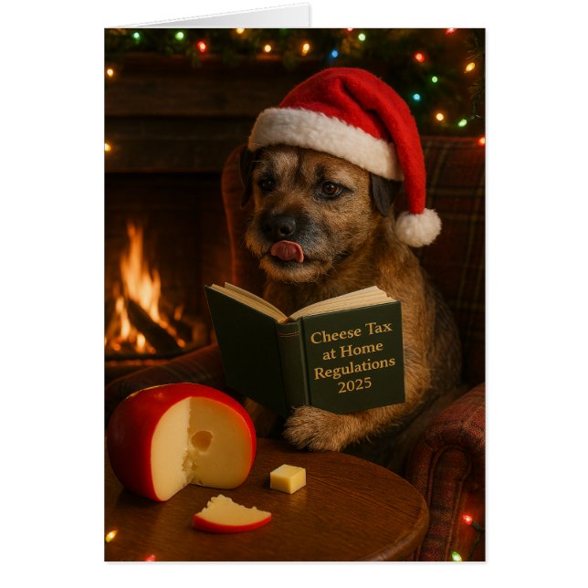 Border Terrier 'Cheese Tax' Christmas card (Front)