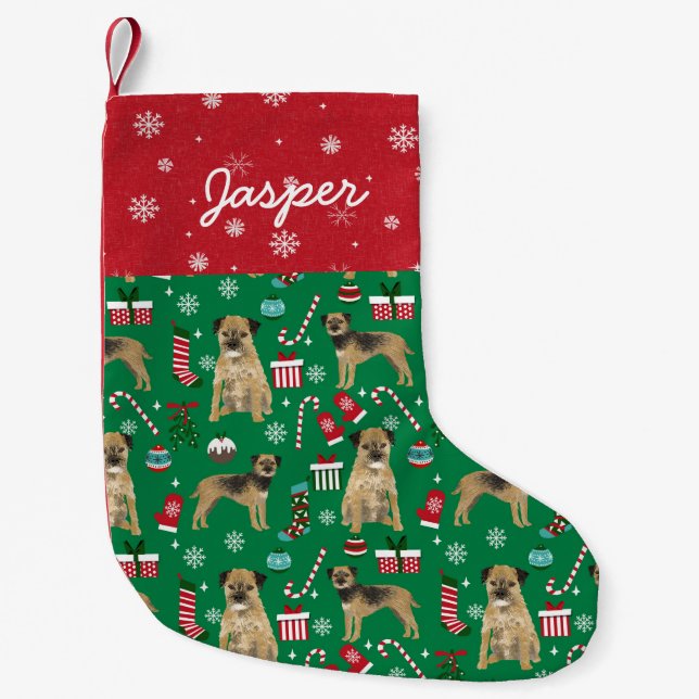 Border Terrier Custom Dog Name Christmas Small Christmas Stocking (Front)