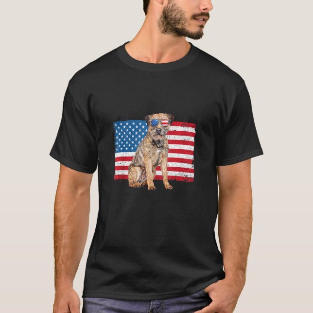 Border Terrier Dad Mum Mama American Flag 4th Of J T-Shirt (Front)