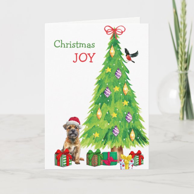 Border Terrier Dog, Bird and Christmas Tree Holiday Card (Front)
