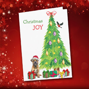 Border Terrier Dog, Bird and Christmas Tree Holiday Card