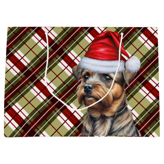 Border Terrier Dog Lover Red and Green Holiday Large Gift Bag (Front)