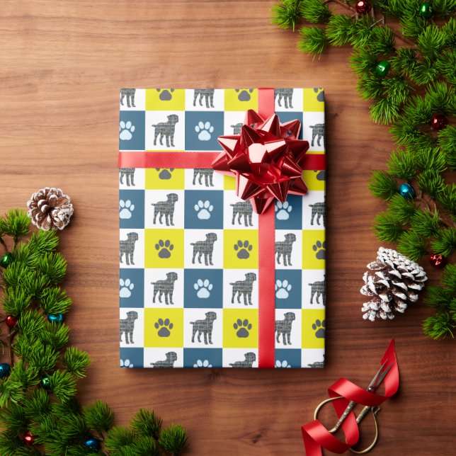Border Terrier Dog & Paw Yellow & Black Grid Wrapping Paper (Holiday Gift)