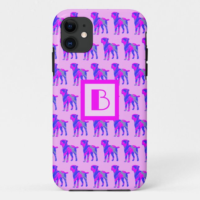 Border Terrier Dog Pink & Blue Silhouette Monogram Case-Mate iPhone Case (Back)