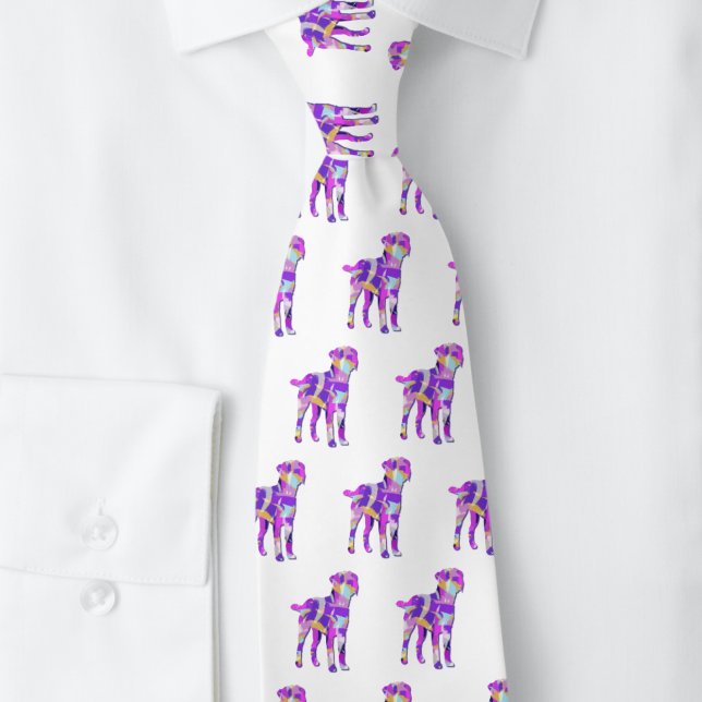 Border Terrier Dog Silhouette Purple White Neck Tie (Border Terrier purple abstract silhouette white neck tie)