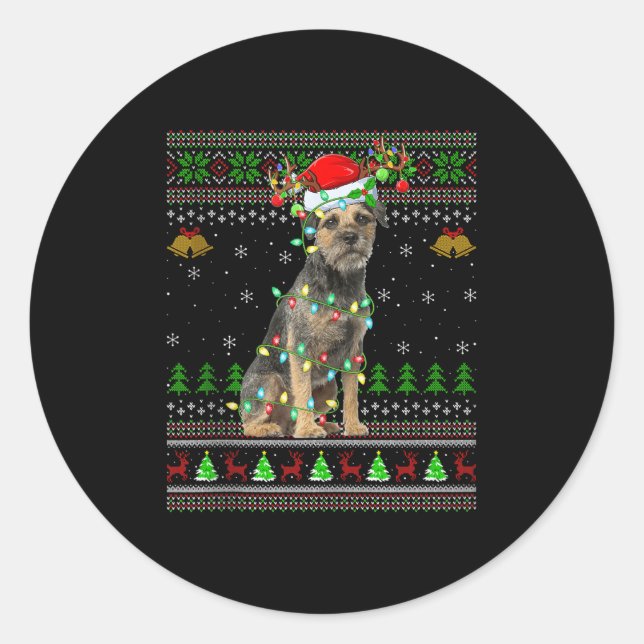 Border Terrier Dog Ugly Christmas Sweater Holiday  Classic Round Sticker (Front)