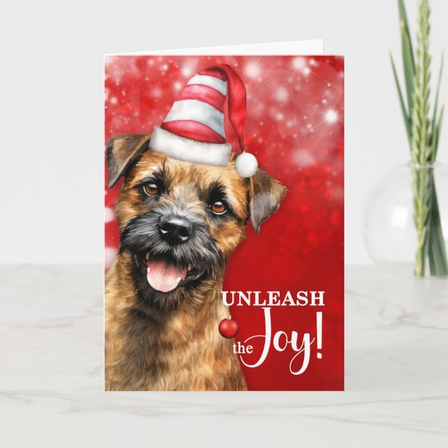 Border Terrier Dog Unleash the Joy Christmas Holiday Card (Front)