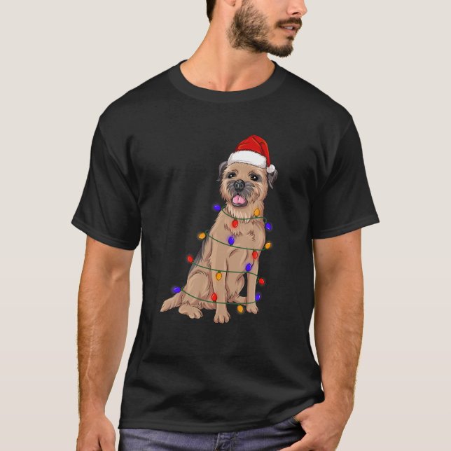 Border Terrier Dog Wearing Christmas Hat Lights T-Shirt (Front)