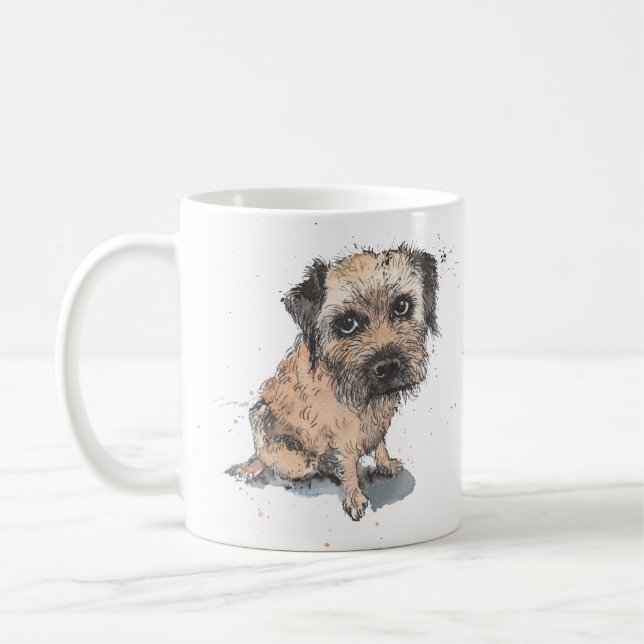 Border Terrier drawing, personalised Father's day Coffee Mug (Left)