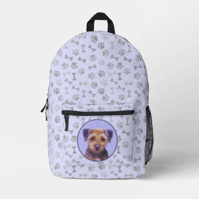 Border Terrier Painting - Cute Original Dog Art Printed Backpack (Front)