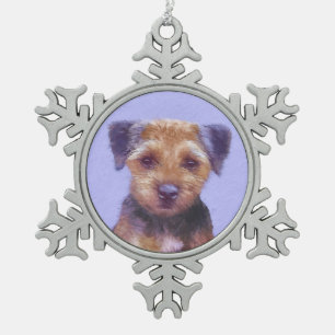 Border Terrier Painting - Cute Original Dog Art Snowflake Pewter Christmas Ornament