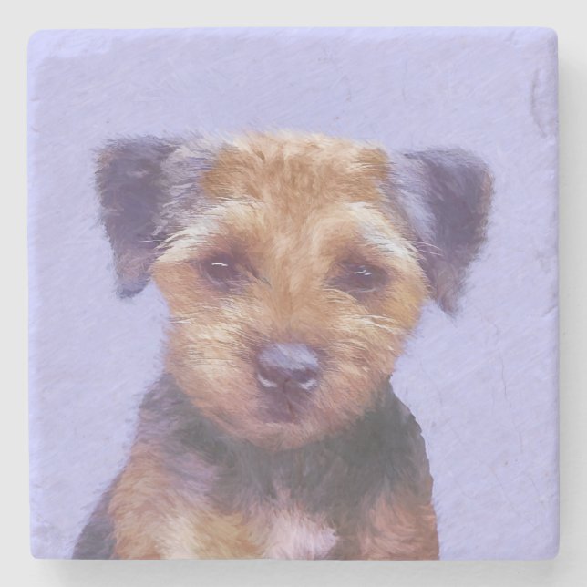 Border Terrier Painting - Cute Original Dog Art Stone Coaster (Front)