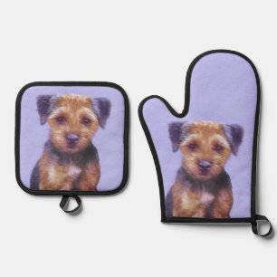Border Terrier Painting Cute Original Pet Dog Art Oven Mitt & Pot Holder Set