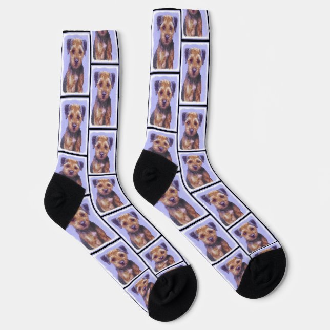 Border Terrier Painting Cute Original Pet Dog Art Socks (Right)