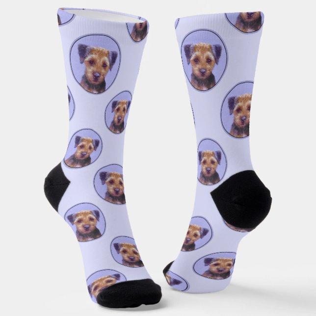 Border Terrier Painting Cute Original Pet Dog Art Socks (Angled)