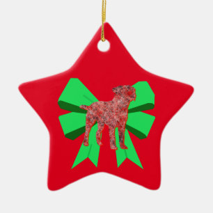 Border Terrier Red Dog & Green Bow Christmas Ceramic Tree Decoration