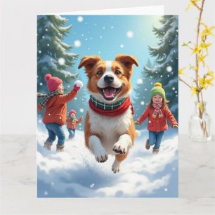 Border Terrier Snowball Fight Christmas Painting Card