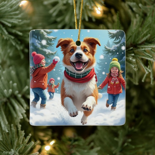 Border Terrier Snowball Fight Christmas Painting Ceramic Ornament (Tree)