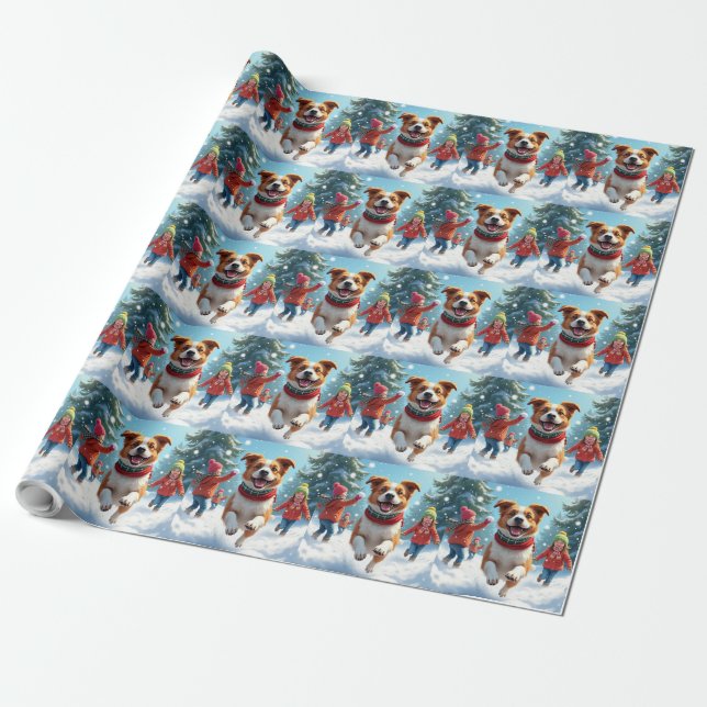 Border Terrier Snowball Fight Christmas Painting Wrapping Paper (Unrolled)