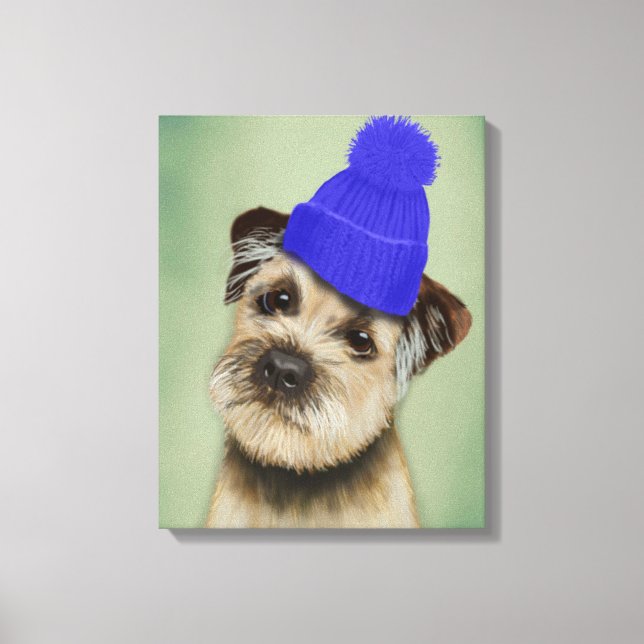 Border Terrier with Blue Bobble Hat Canvas Print (Front)