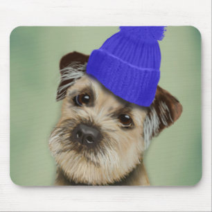 Border Terrier with Blue Bobble Hat Mouse Mat