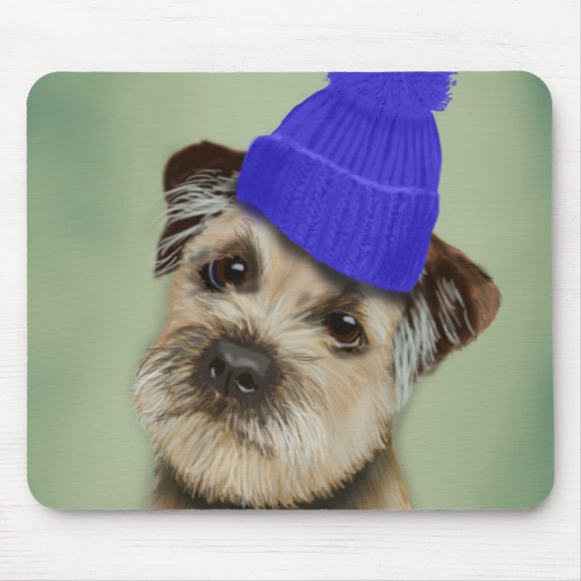 Border Terrier with Blue Bobble Hat Mouse Mat (Front)
